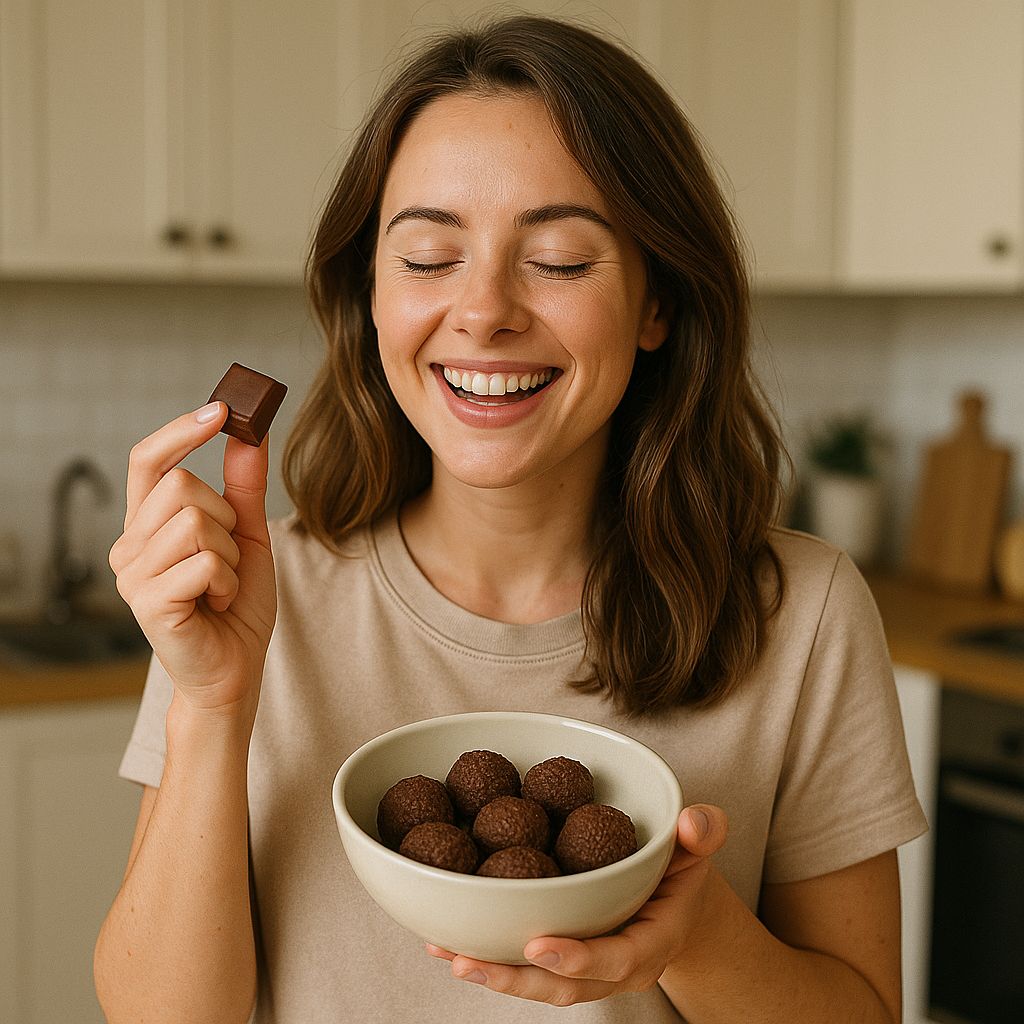 Mulher feliz segurando chocolates
